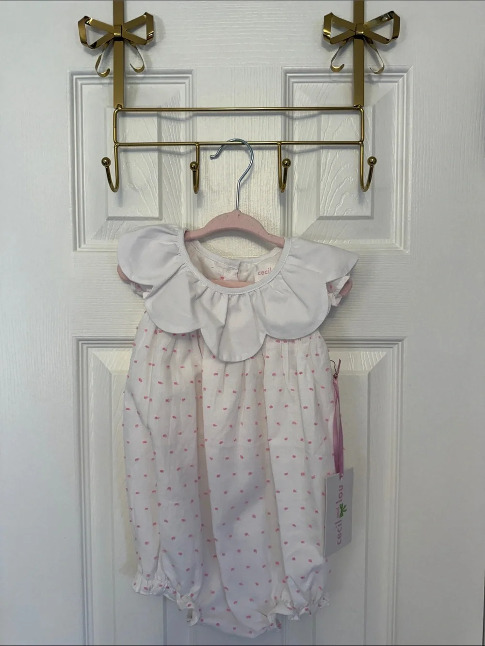 White Baby One-Piece with Pink Dot Trim and Scalloped Collar